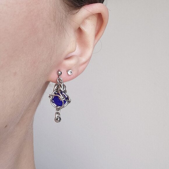 Whimsical Victorian Fairy silver earrings with bright royal blue caged pearls - Picture 1 of 8